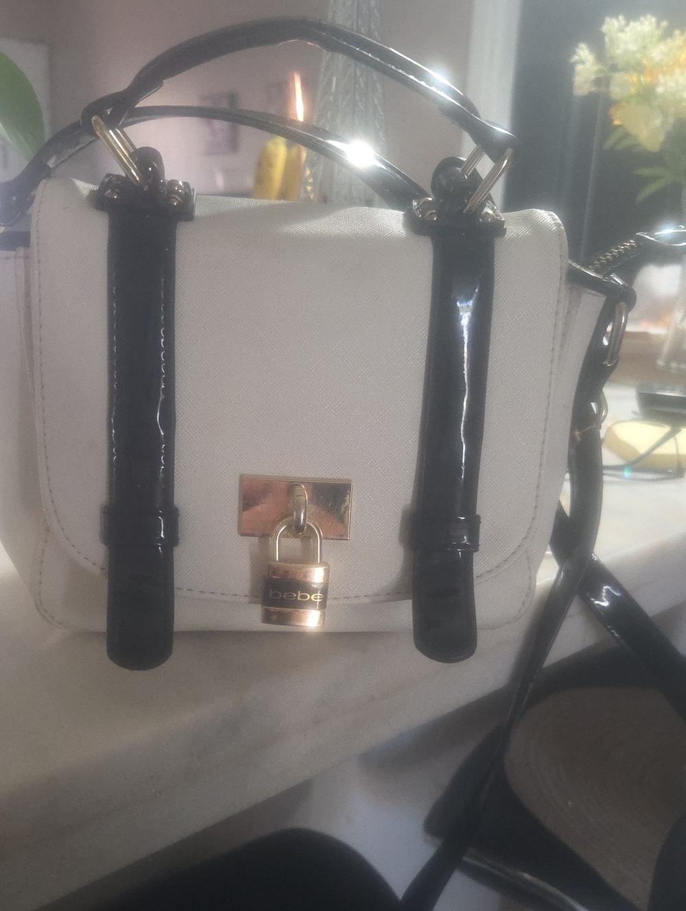 bebe Cream Satchel with Black Patent Trim and Gold Lock